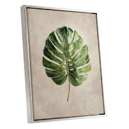 Verdant Monstera, green, beige, brown nature wall art shown as a silver framed canvas wall art