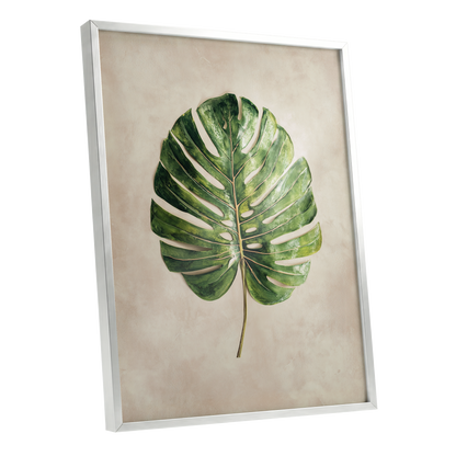 Verdant Monstera, green, beige, brown nature wall art shown as a silver framed poster wall art print