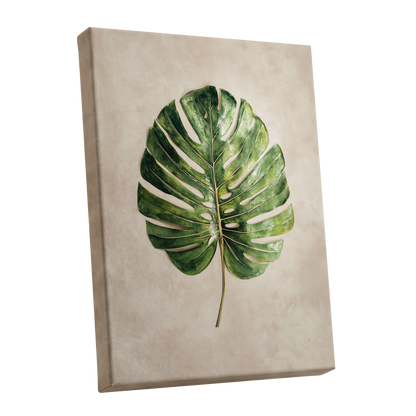 Verdant Monstera, green, beige, brown nature wall art shown as a stretched canvas wall art