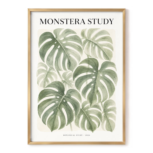 Verdant Monstera Study, green, beige, white nature wall art, front artwork view