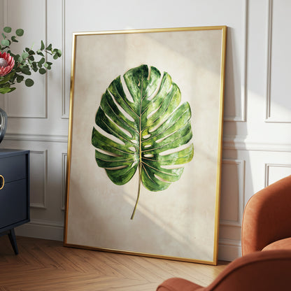 Verdant Monstera, green, beige, brown nature wall art displayed in a styled interior, gallery view 2