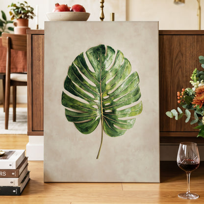 Verdant Monstera, green, beige, brown nature wall art displayed in a styled interior, gallery view 3