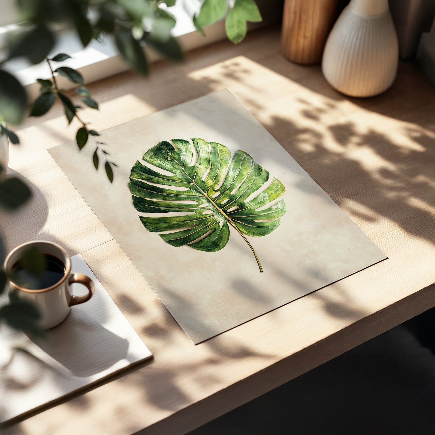 Verdant Monstera, green, beige, brown nature wall art displayed in a styled interior, gallery view 5