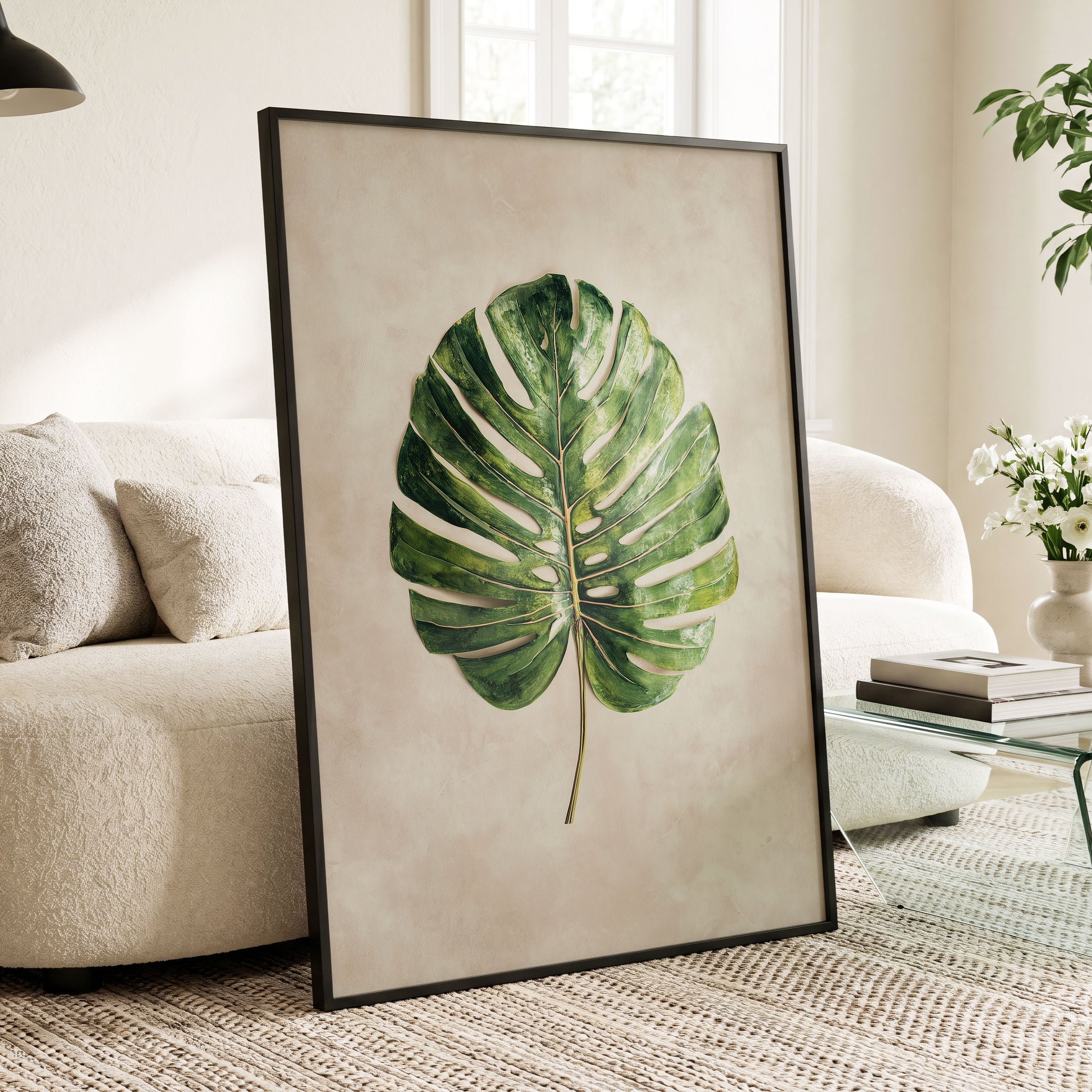 Verdant Monstera, green, beige, brown nature wall art displayed in a styled interior, gallery view 6