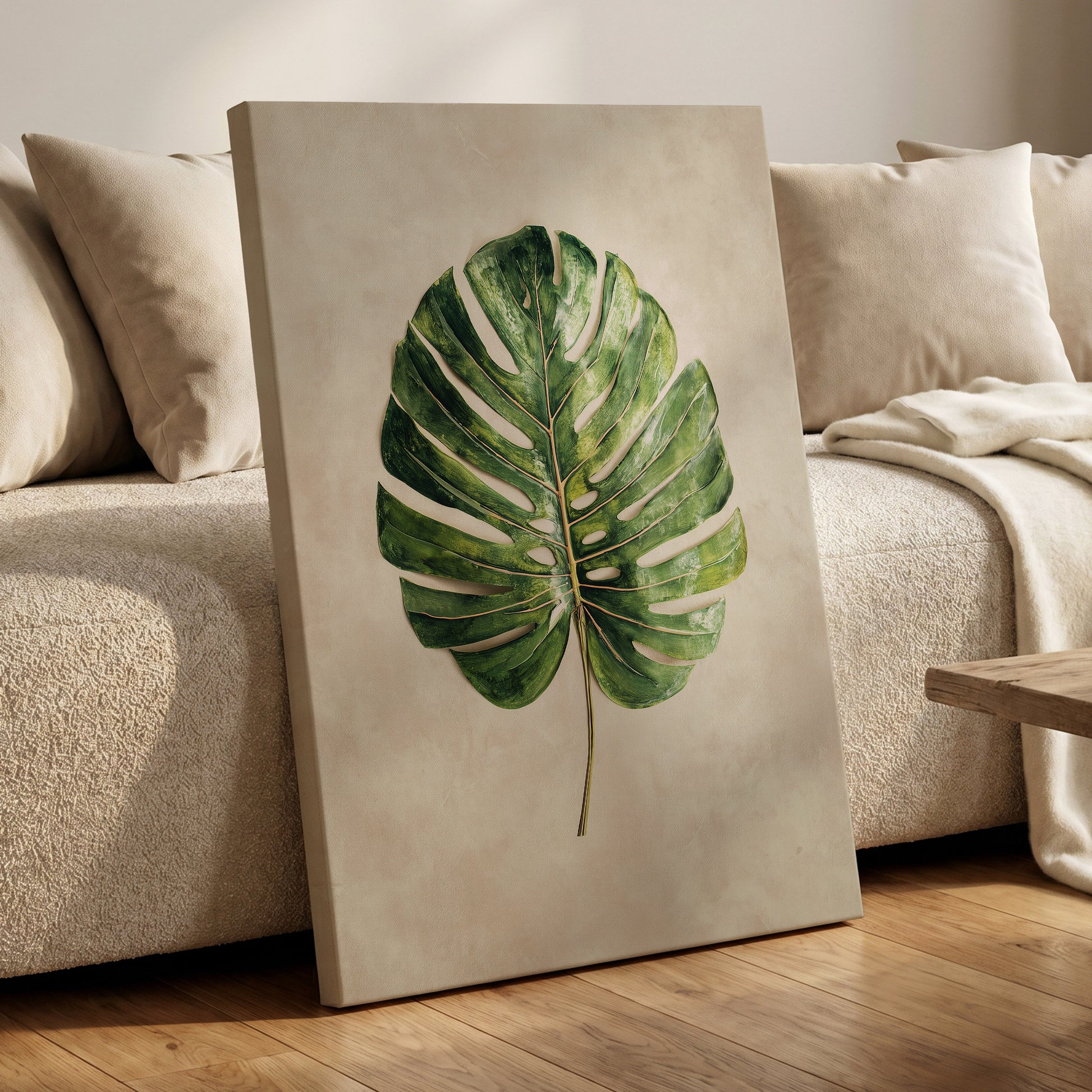 Verdant Monstera, green, beige, brown nature wall art displayed in a styled interior, gallery view 7
