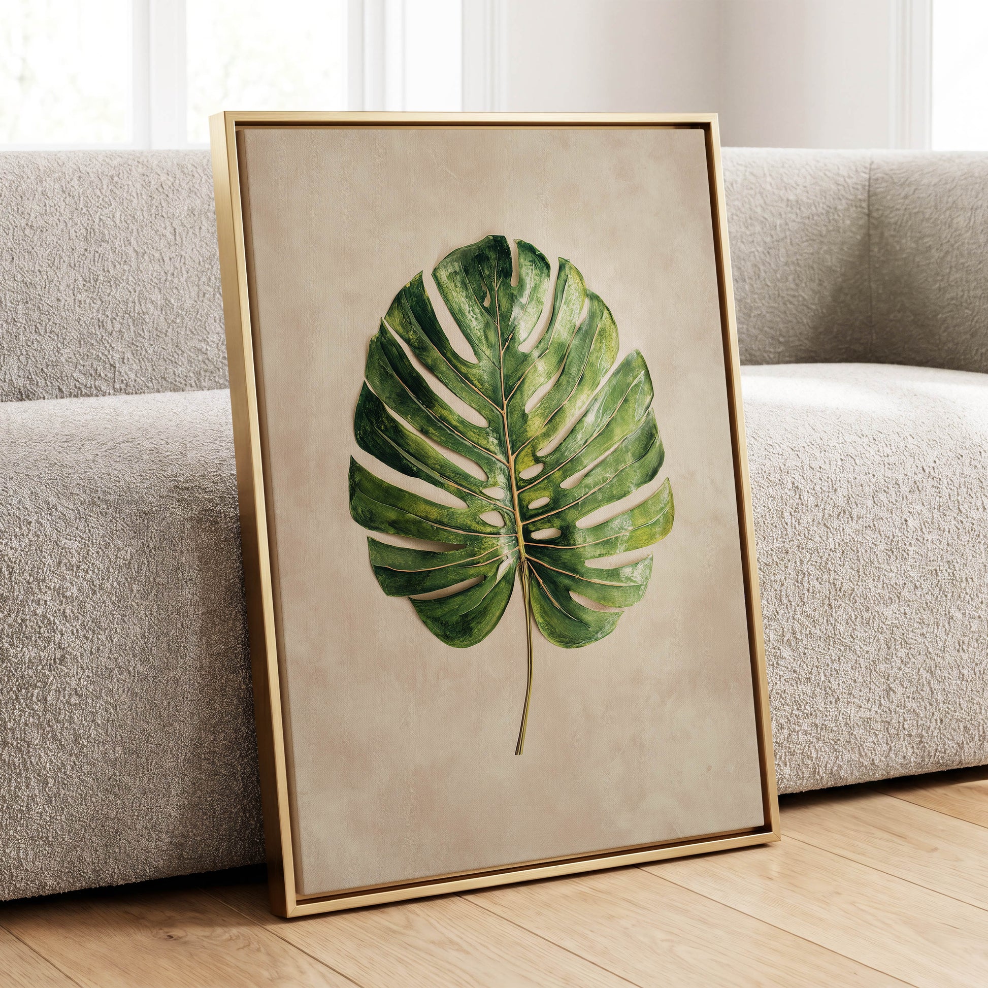 Verdant Monstera, green, beige, brown nature wall art displayed in a styled interior, gallery view 8