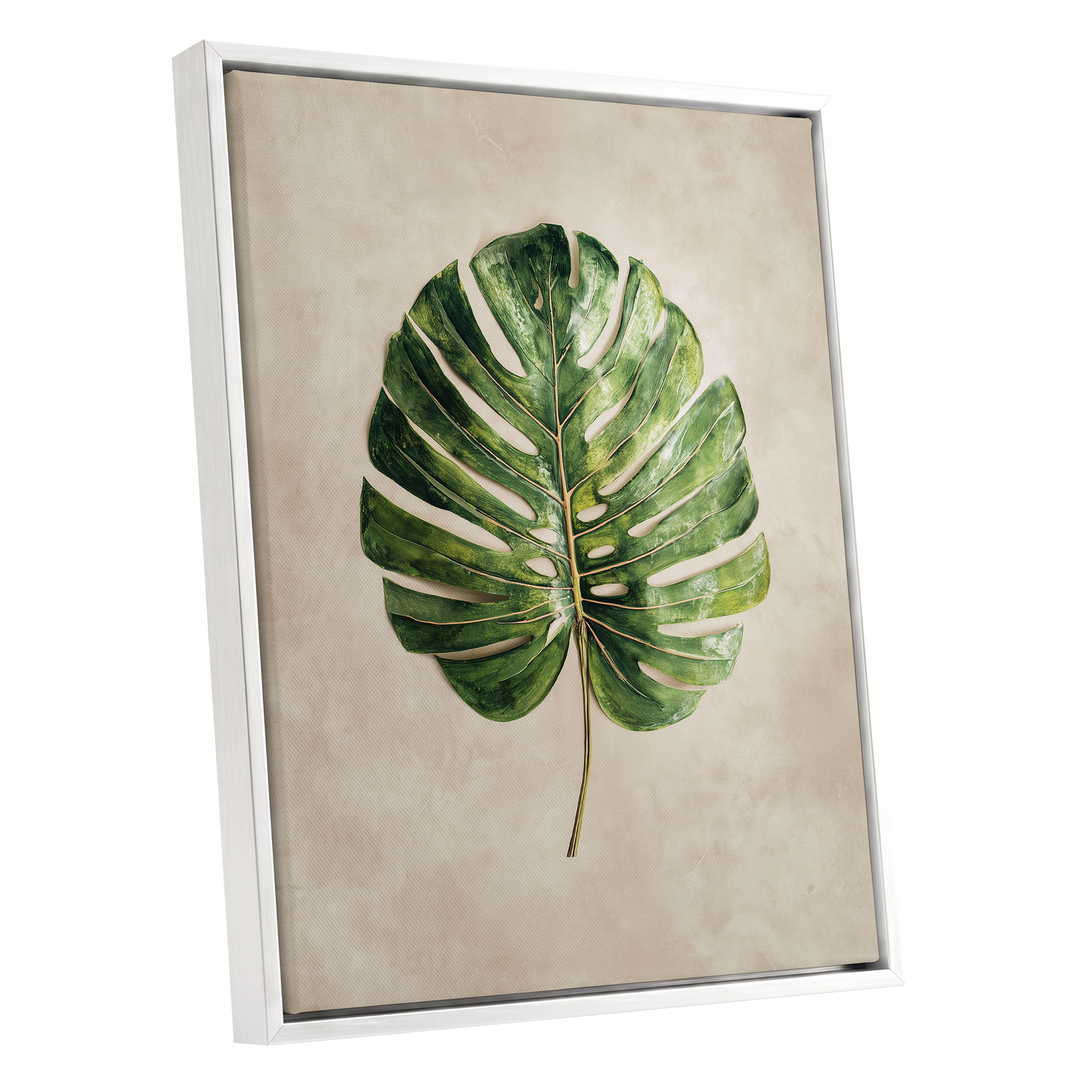 Verdant Monstera, green, beige, brown nature wall art shown as a white framed canvas wall art