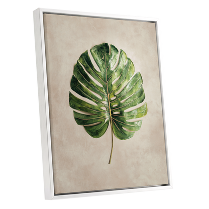 Verdant Monstera, green, beige, brown nature wall art shown as a white framed canvas wall art