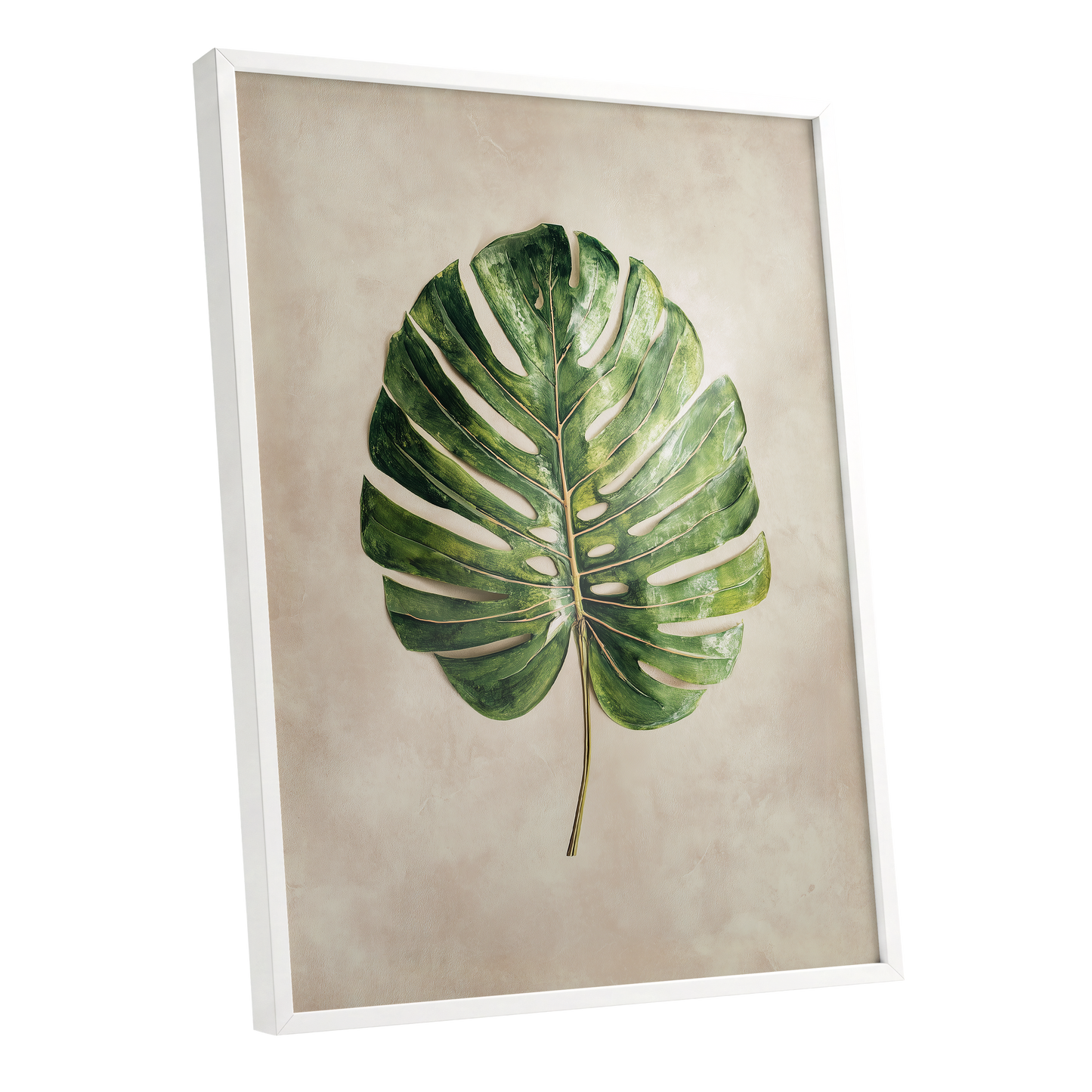 Verdant Monstera, green, beige, brown nature wall art shown as a white framed poster wall art print