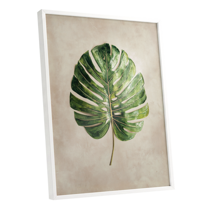Verdant Monstera, green, beige, brown nature wall art shown as a white framed poster wall art print