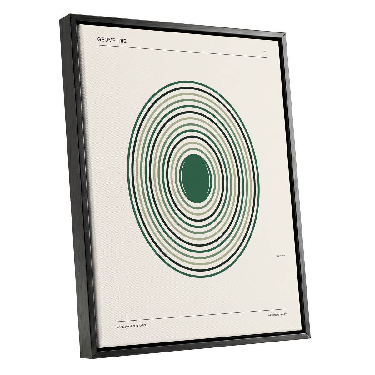 Verdant Orbit Study, green, beige, black minimalist wall art shown as a black framed canvas wall art