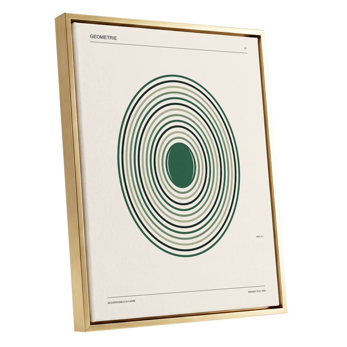 Verdant Orbit Study, green, beige, black minimalist wall art shown as a gold framed canvas wall art