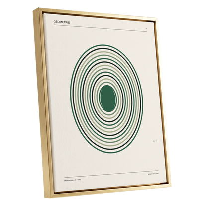Verdant Orbit Study, green, beige, black minimalist wall art shown as a gold framed canvas wall art