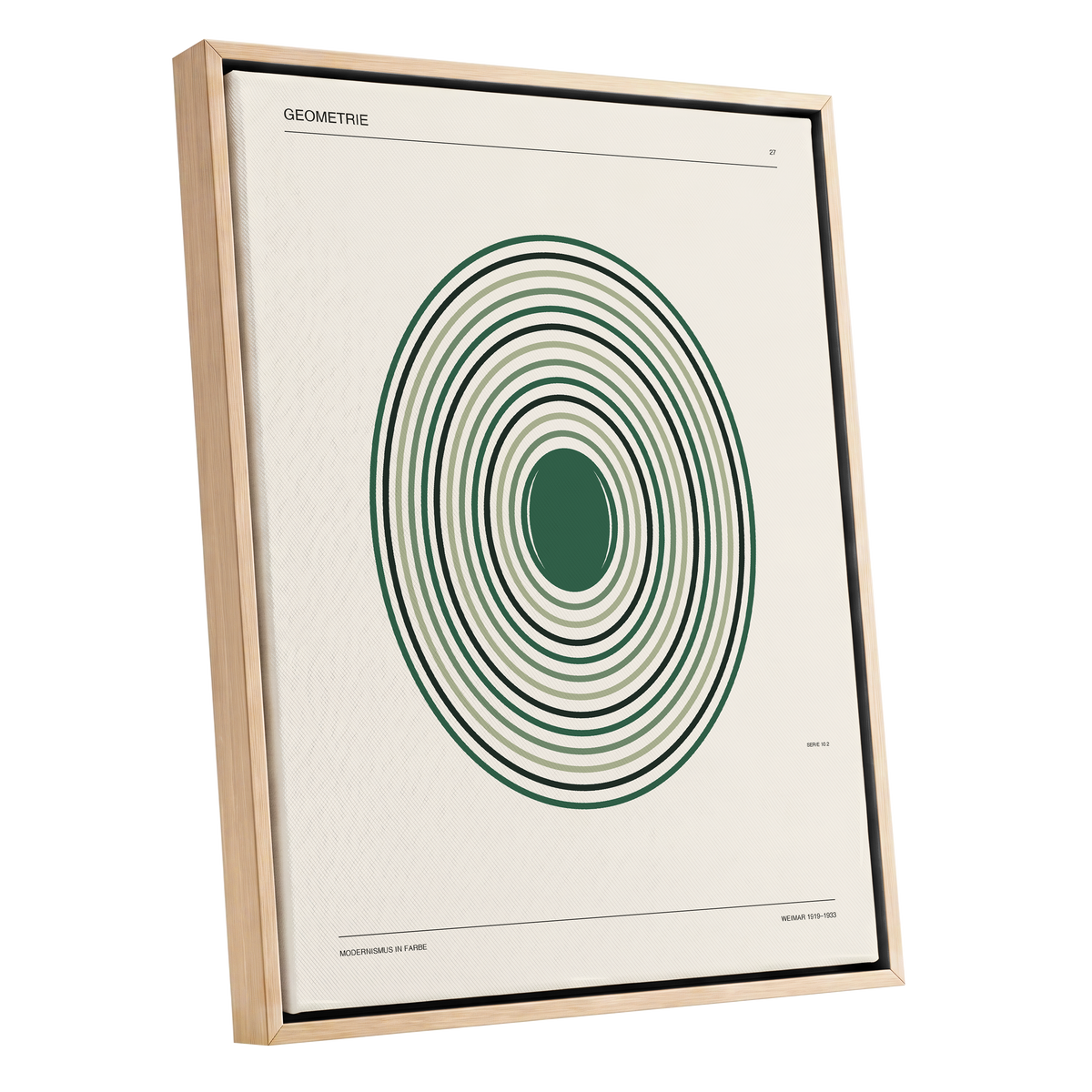 Verdant Orbit Study, green, beige, black minimalist wall art shown as a oak framed canvas wall art