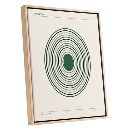 Verdant Orbit Study, green, beige, black minimalist wall art shown as a oak framed canvas wall art
