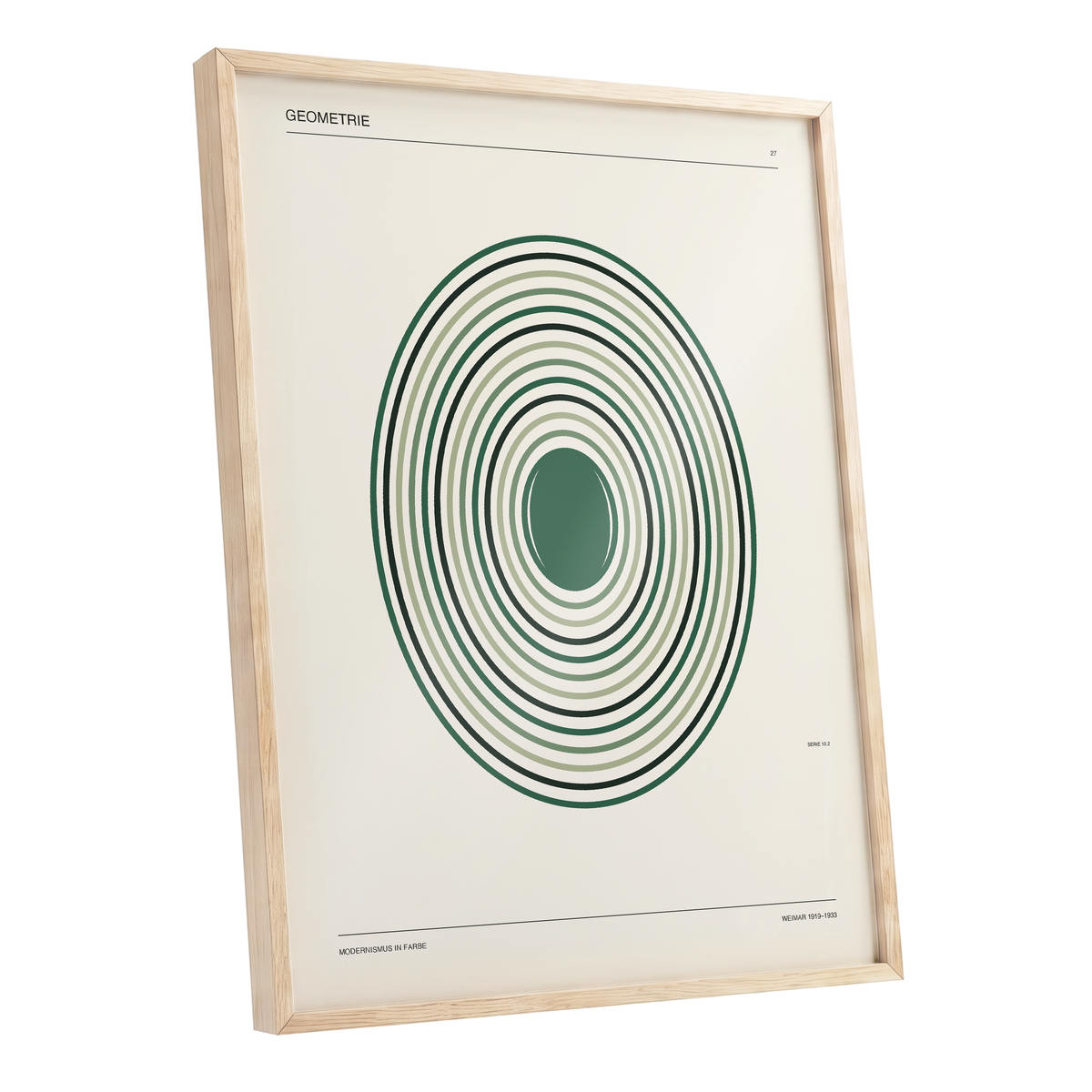Verdant Orbit Study, green, beige, black minimalist wall art shown as a oak framed poster wall art print