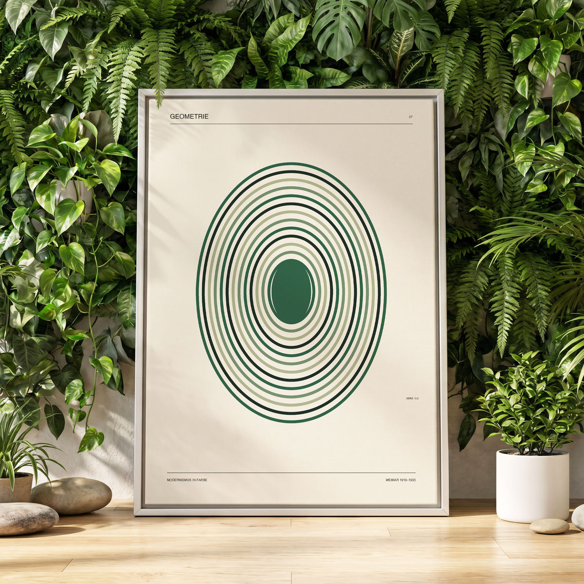 Verdant Orbit Study, green, beige, black minimalist wall art displayed in a styled interior, gallery view 1
