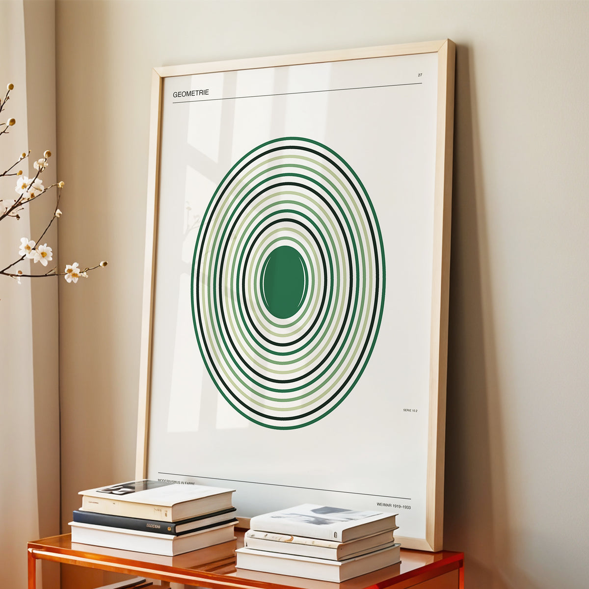 Verdant Orbit Study, green, beige, black minimalist wall art displayed in a styled interior, gallery view 2