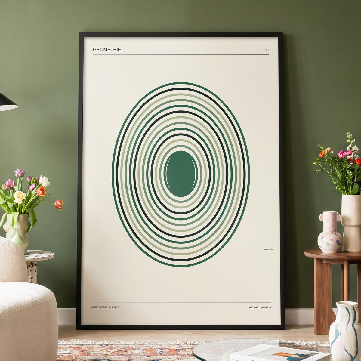 Verdant Orbit Study, green, beige, black minimalist wall art displayed in a styled interior, gallery view 3