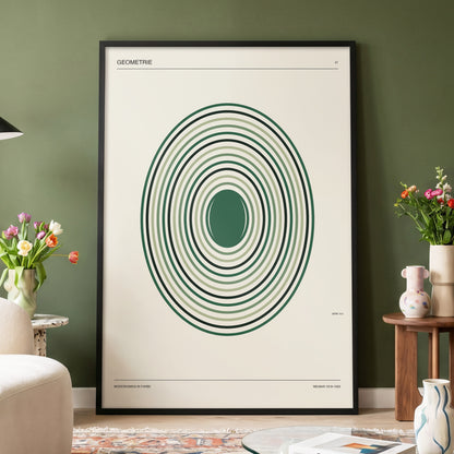 Verdant Orbit Study, green, beige, black minimalist wall art displayed in a styled interior, gallery view 3