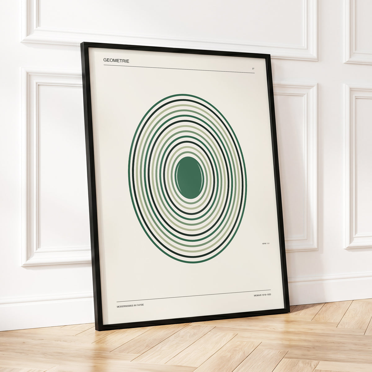 Verdant Orbit Study, green, beige, black minimalist wall art displayed in a styled interior, gallery view 4