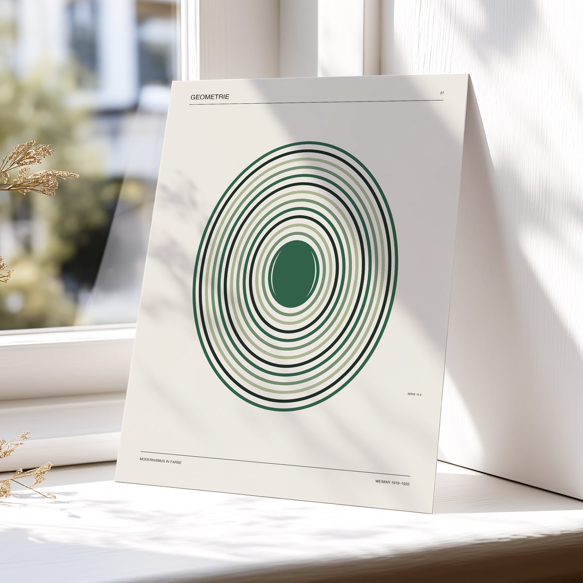 Verdant Orbit Study, green, beige, black minimalist wall art displayed in a styled interior, gallery view 5