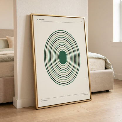 Verdant Orbit Study, green, beige, black minimalist wall art displayed in a styled interior, gallery view 6