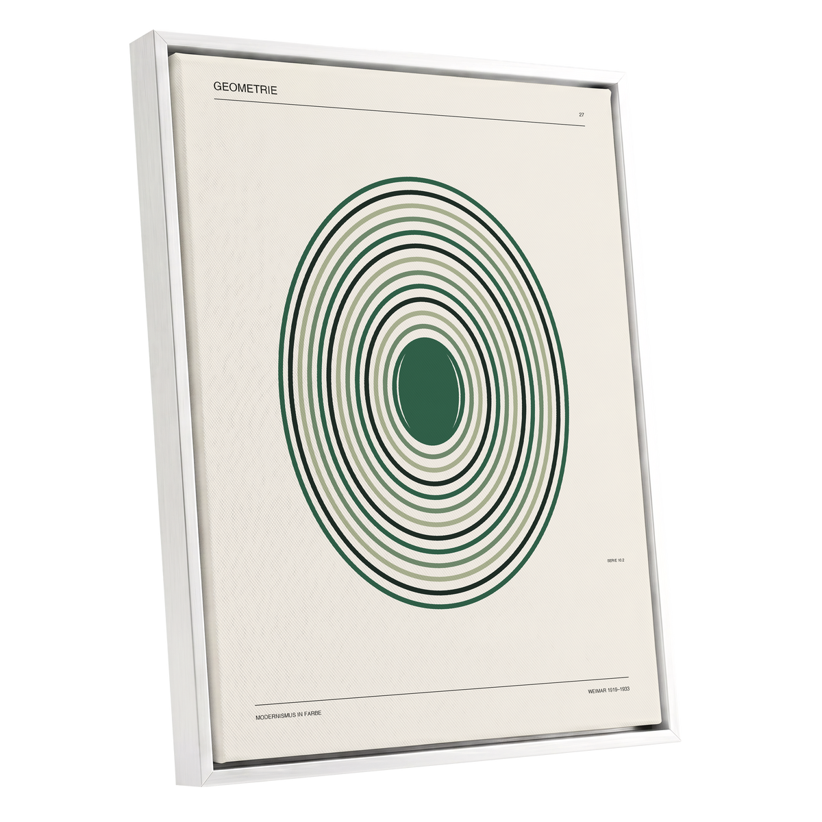 Verdant Orbit Study, green, beige, black minimalist wall art shown as a white framed canvas wall art