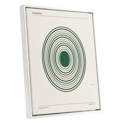Verdant Orbit Study, green, beige, black minimalist wall art shown as a white framed canvas wall art