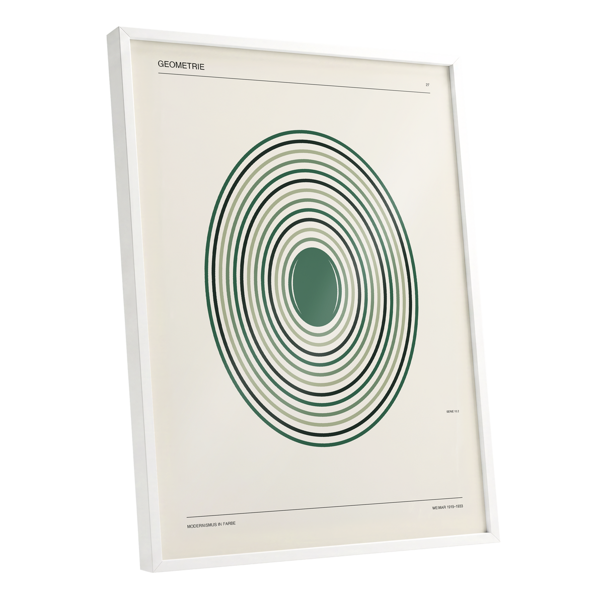 Verdant Orbit Study, green, beige, black minimalist wall art shown as a white framed poster wall art print