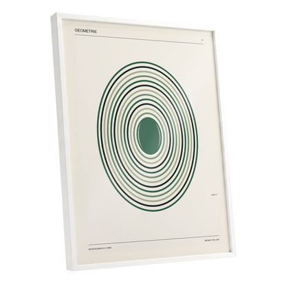Verdant Orbit Study, green, beige, black minimalist wall art shown as a white framed poster wall art print