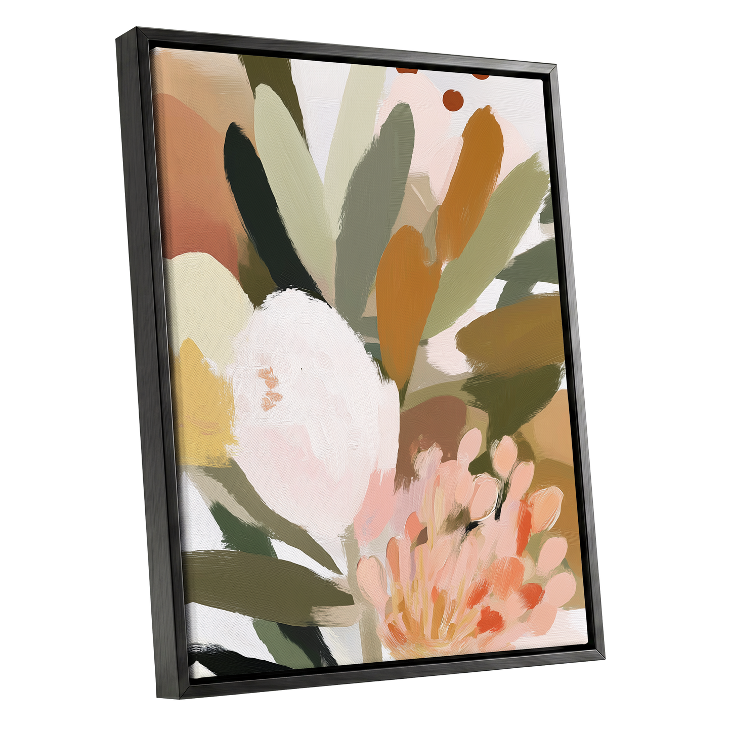Verdant Petal Drift, green, pink, white floral wall art shown as a black framed canvas wall art