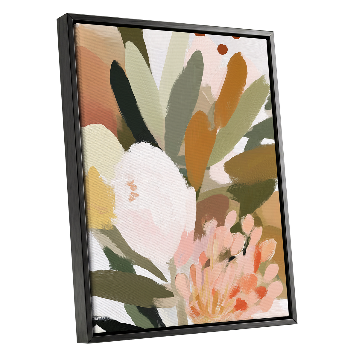 Verdant Petal Drift, green, pink, white floral wall art shown as a black framed canvas wall art