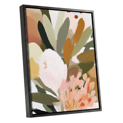 Verdant Petal Drift, green, pink, white floral wall art shown as a black framed canvas wall art