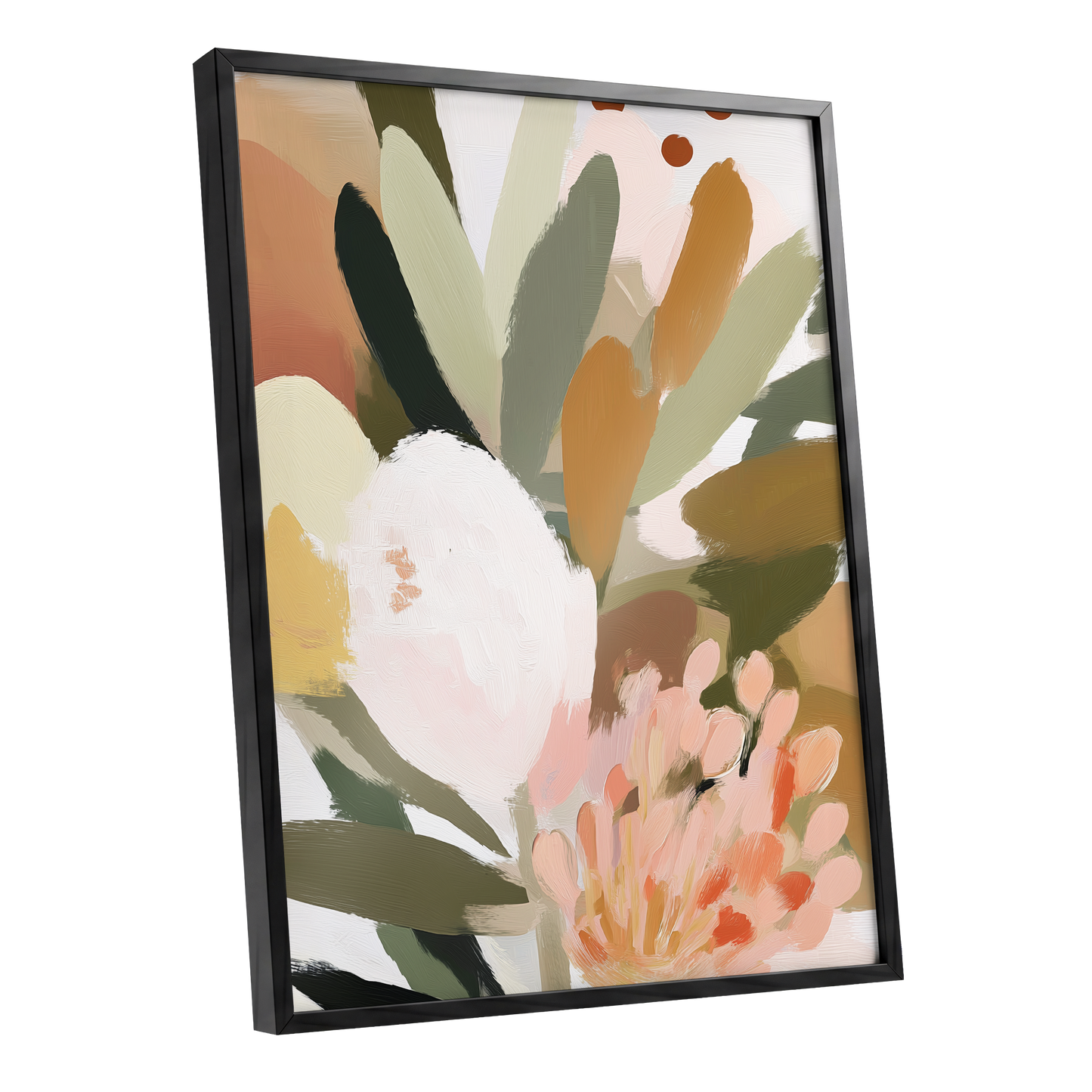 Verdant Petal Drift, green, pink, white floral wall art shown as a black framed poster wall art print