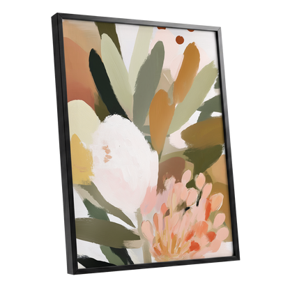 Verdant Petal Drift, green, pink, white floral wall art shown as a black framed poster wall art print