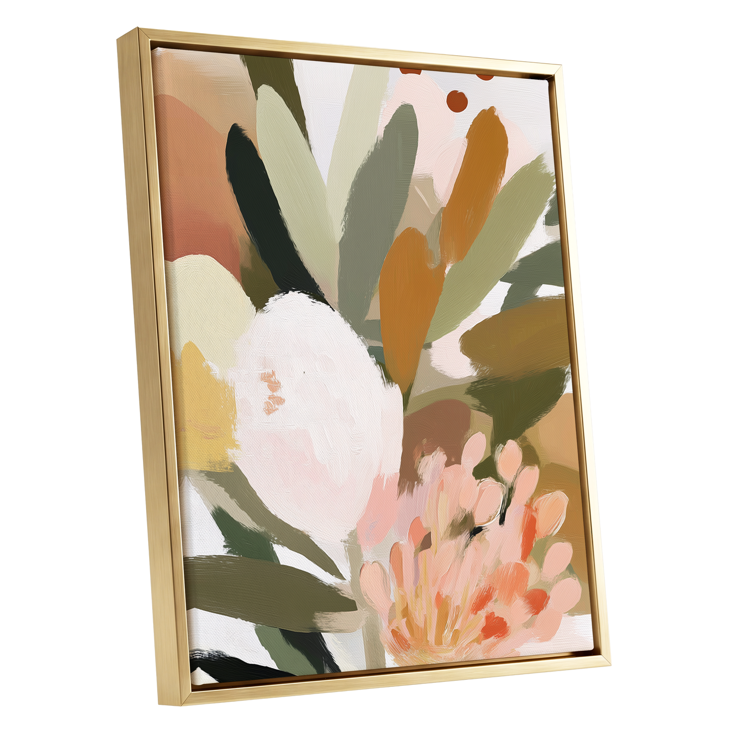 Verdant Petal Drift, green, pink, white floral wall art shown as a gold framed canvas wall art
