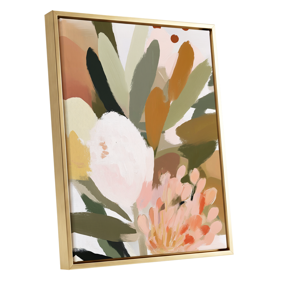 Verdant Petal Drift, green, pink, white floral wall art shown as a gold framed canvas wall art