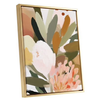 Verdant Petal Drift, green, pink, white floral wall art shown as a gold framed canvas wall art