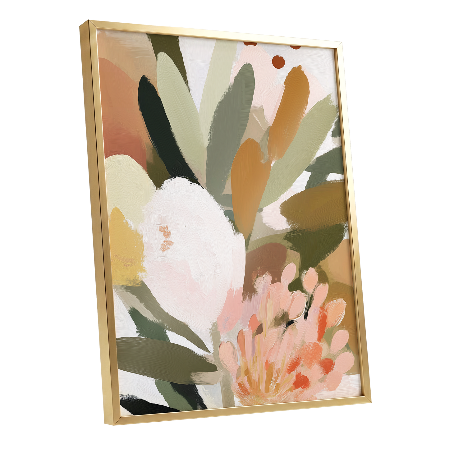 Verdant Petal Drift, green, pink, white floral wall art shown as a gold framed poster wall art print