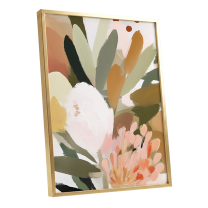 Verdant Petal Drift, green, pink, white floral wall art shown as a gold framed poster wall art print