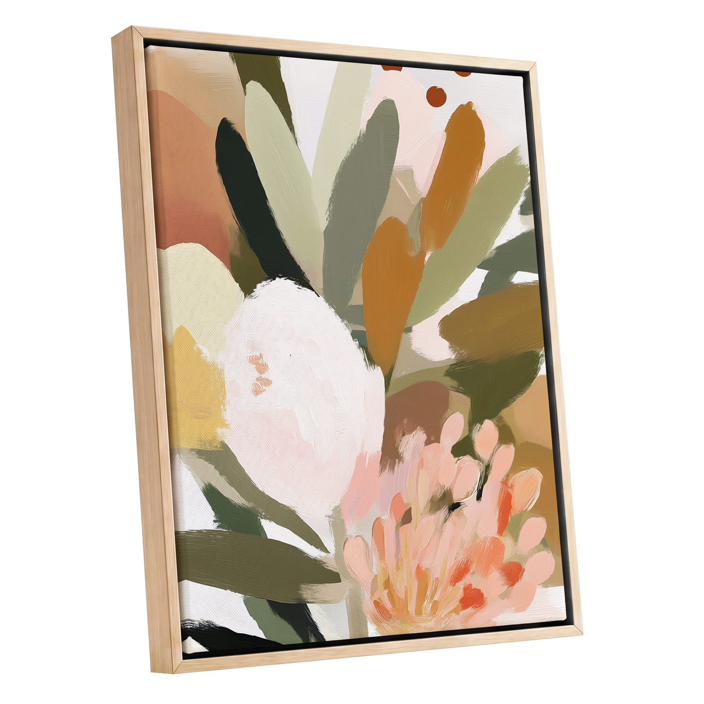 Verdant Petal Drift, green, pink, white floral wall art shown as a oak framed canvas wall art