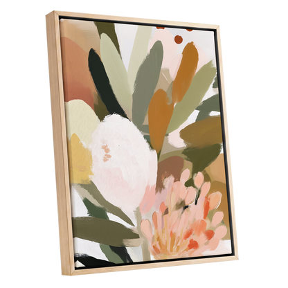 Verdant Petal Drift, green, pink, white floral wall art shown as a oak framed canvas wall art
