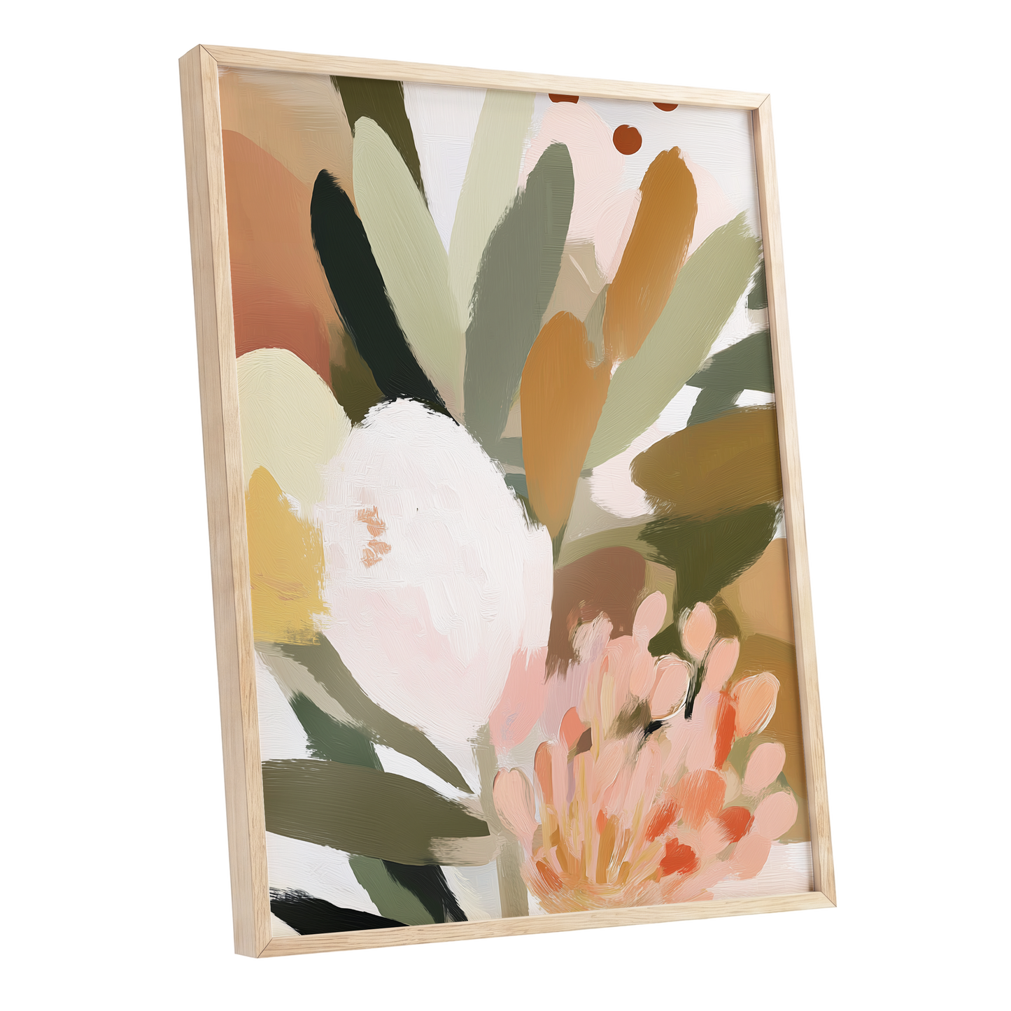Verdant Petal Drift, green, pink, white floral wall art shown as a oak framed poster wall art print