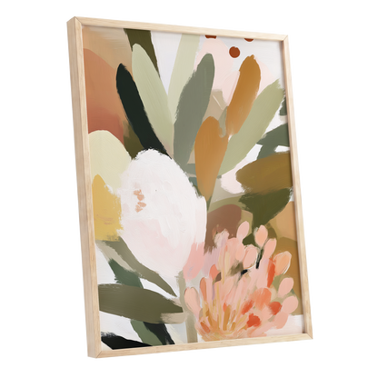 Verdant Petal Drift, green, pink, white floral wall art shown as a oak framed poster wall art print
