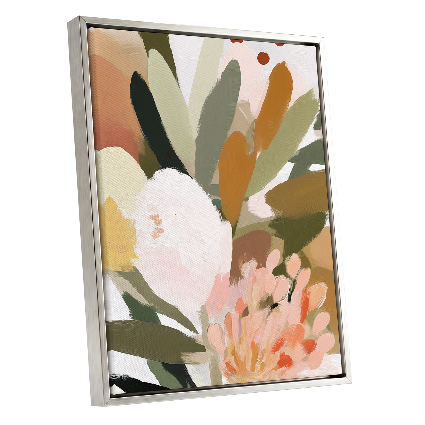 Verdant Petal Drift, green, pink, white floral wall art shown as a silver framed canvas wall art