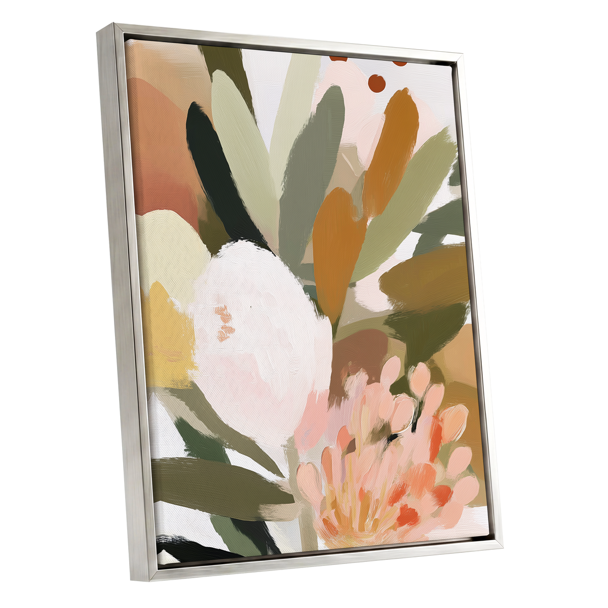 Verdant Petal Drift, green, pink, white floral wall art shown as a silver framed canvas wall art