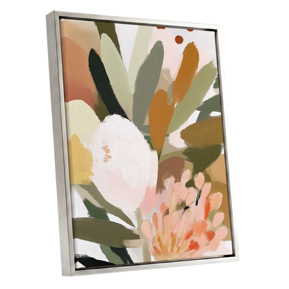 Verdant Petal Drift, green, pink, white floral wall art shown as a silver framed canvas wall art