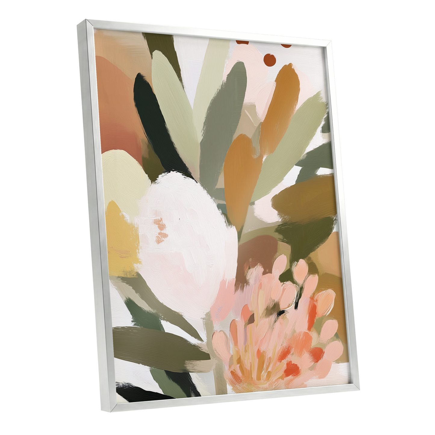 Verdant Petal Drift, green, pink, white floral wall art shown as a silver framed poster wall art print