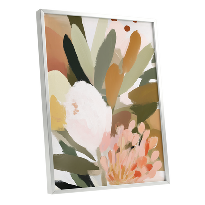 Verdant Petal Drift, green, pink, white floral wall art shown as a silver framed poster wall art print